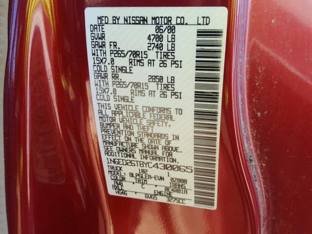 1N6ED26T8YC430065 - 2000 NISSAN FRONTIER K RED photo 10