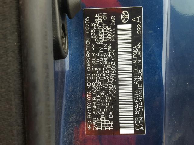 JTKDE177150043189 - 2005 TOYOTA SCION TC 蓝色 照片 10