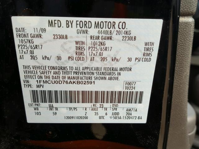 1FMCU0D76AKB02591 - 2010 FORD ESCAPE XLT BLACK photo 10