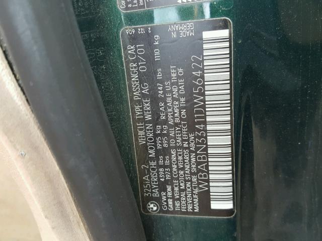 WBABN33411JW56422 - 2001 BMW 325 CI GREEN photo 10