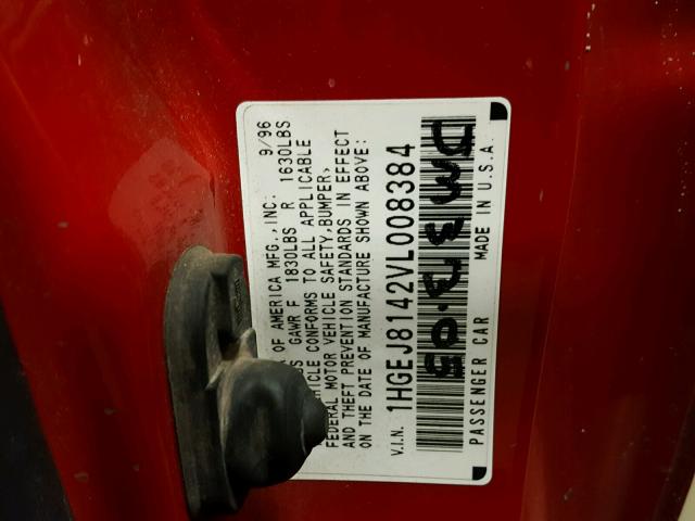 1HGEJ8142VL008384 - 1997 HONDA CIVIC EX წითელი ფოტო 10