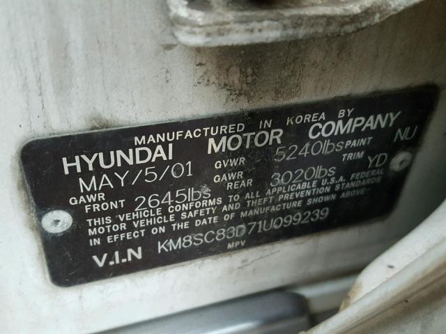 KM8SC83D71U099239 - 2001 HYUNDAI SANTA FE G WHITE photo 10