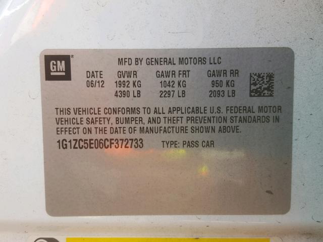 1G1ZC5E06CF372733 - 2012 CHEVROLET MALIBU 1LT WHITE photo 10