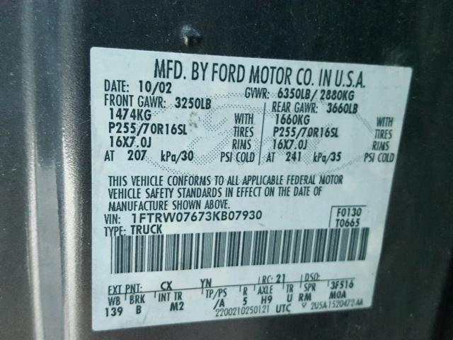 1FTRW07673KB07930 - 2003 FORD F150 SUPER GRAY photo 10