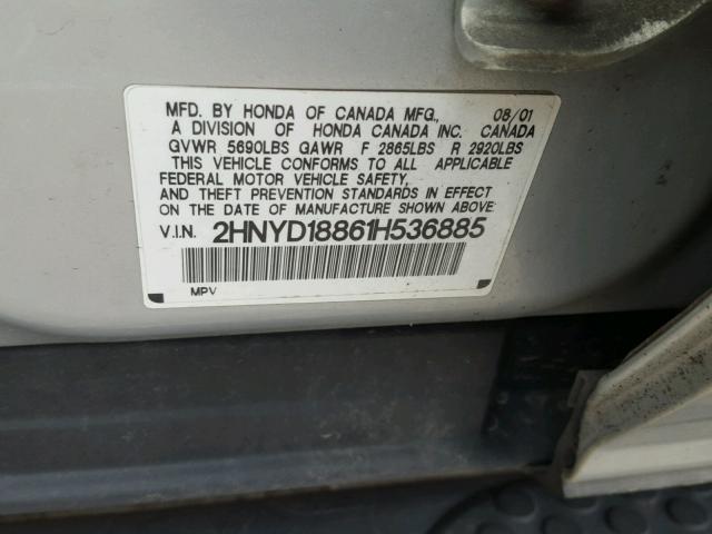 2HNYD18861H536885 - 2001 ACURA MDX TOURIN SILVER photo 10