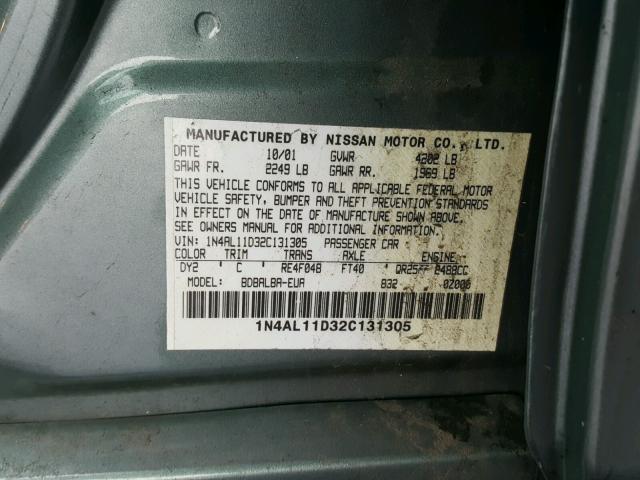 1N4AL11D32C131305 - 2002 NISSAN ALTIMA BAS GREEN photo 10