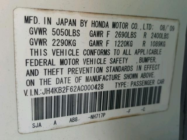 JH4KB2F62AC000428 - 2010 ACURA RL CREAM photo 10