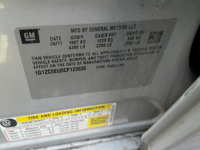 1G1ZC5EU5CF120636 - 2012 CHEVROLET MALIBU 1LT SILVER photo 10