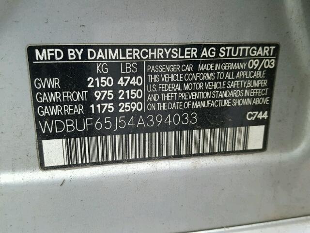 WDBUF65J54A394033 - 2004 MERCEDES-BENZ E 320 SILVER photo 10