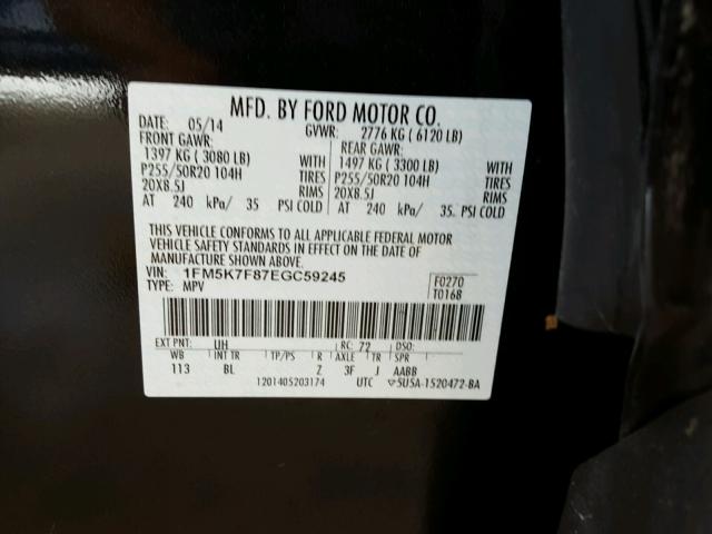 1FM5K7F87EGC59245 - 2014 FORD EXPLORER L BLACK photo 10