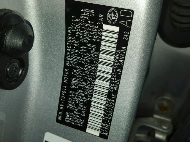 2T1BU4EE7CC757318 - 2012 TOYOTA COROLLA BA SILVER photo 10