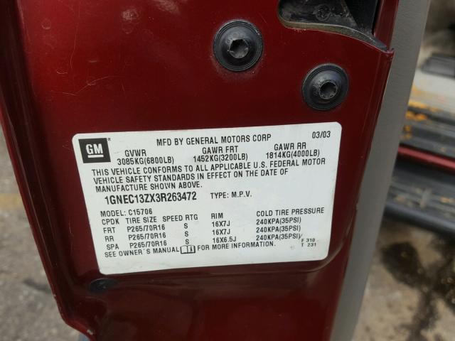 1GNEC13ZX3R263472 - 2003 CHEVROLET TAHOE C150 RED photo 10