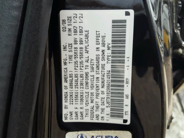 5J8TB18298A014554 - 2008 ACURA RDX BLACK photo 10