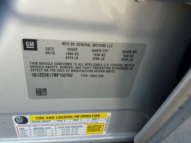 1G1ZC5E17BF103762 - 2011 CHEVROLET MALIBU 1LT 银色 照片 10