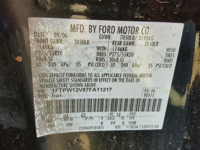 1FTPW12V87FA11217 - 2007 FORD F150 SUPER BLACK photo 10