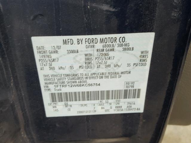 1FTRF12W68KC56754 - 2008 FORD F150 BLACK photo 10