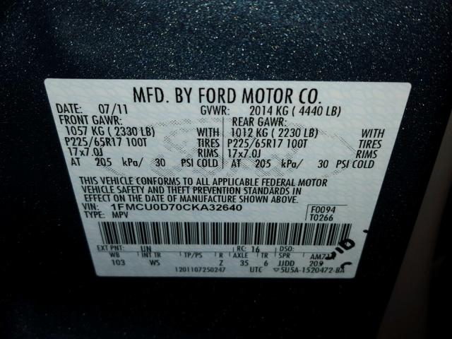 1FMCU0D70CKA32640 - 2012 FORD ESCAPE XLT BLUE photo 10