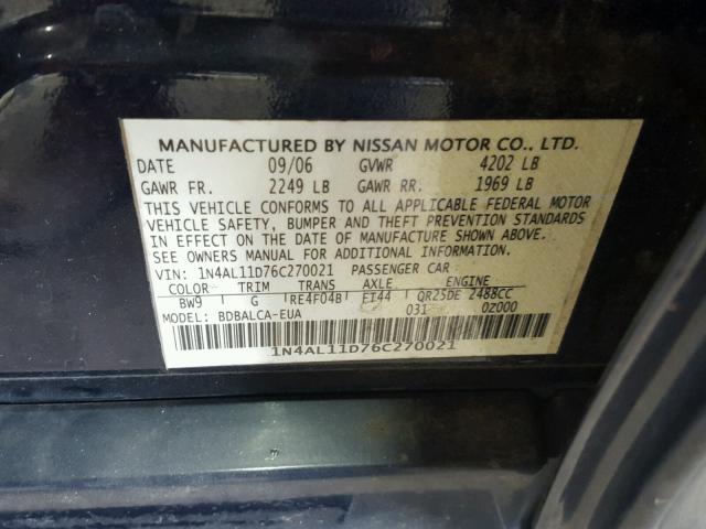 1N4AL11D76C270021 - 2006 NISSAN ALTIMA S BLUE photo 10