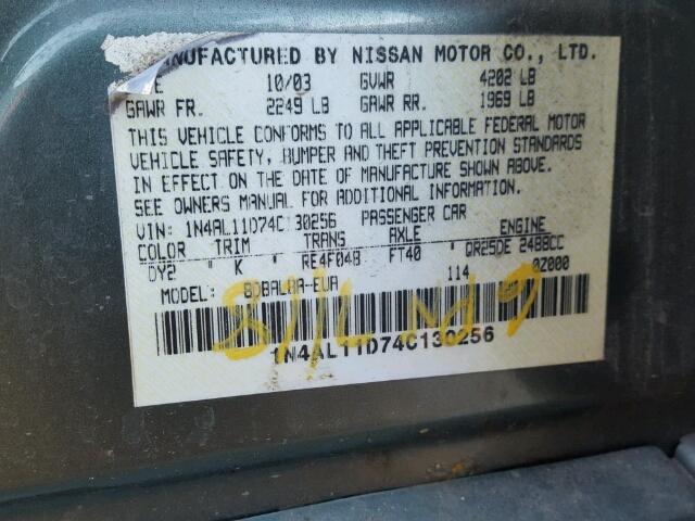 1N4AL11D74C130256 - 2004 NISSAN ALTIMA BAS GREEN photo 10