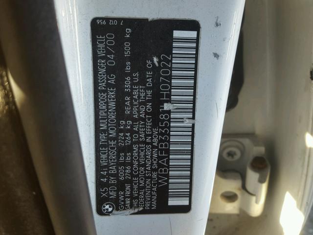WBAFB33581LH07022 - 2001 BMW X5 4.4I WHITE photo 10