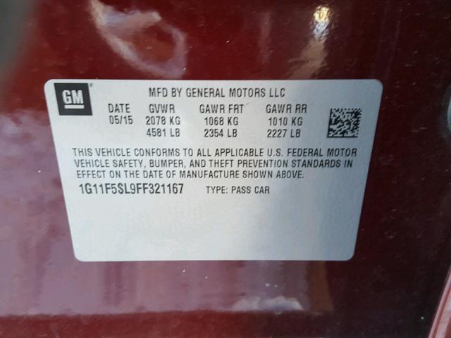 1G11F5SL9FF321167 - 2015 CHEVROLET MALIBU LTZ 勃艮第红 照片 10