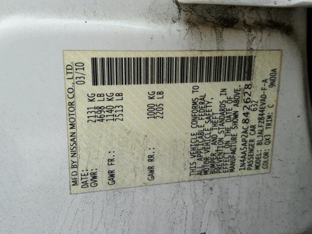 1N4AA5AP2AC842628 - 2010 NISSAN MAXIMA S Blanc photo 10