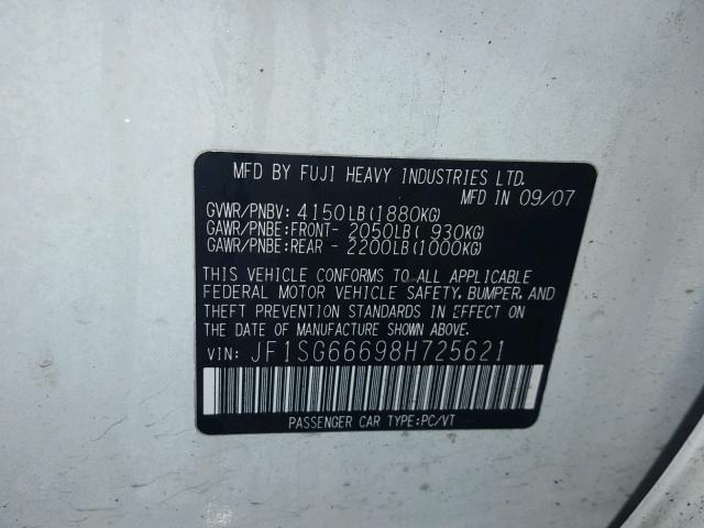 JF1SG66698H725621 - 2008 SUBARU FORESTER S თეთრი ფოტო 10