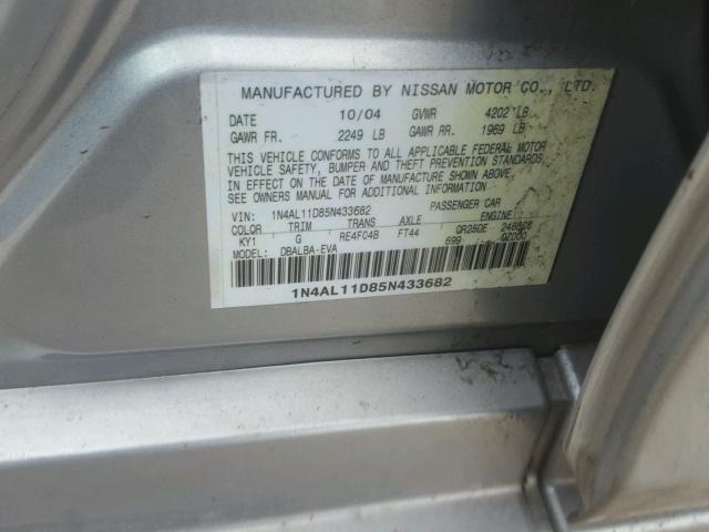 1N4AL11D85N433682 - 2005 NISSAN ALTIMA S GRAY photo 10