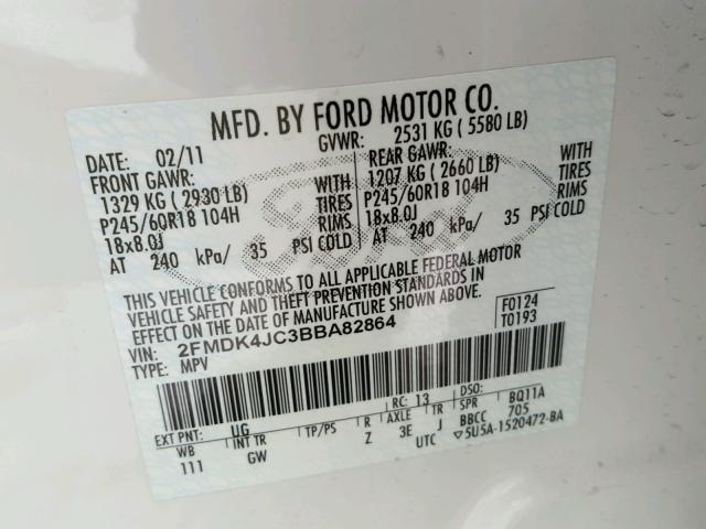 2FMDK4JC3BBA82864 - 2011 FORD EDGE SEL WHITE photo 10