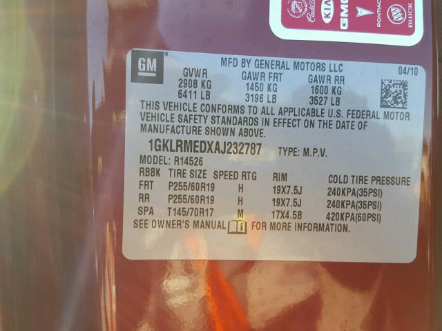 1GKLRMEDXAJ232787 - 2010 GMC ACADIA SLT RED photo 10