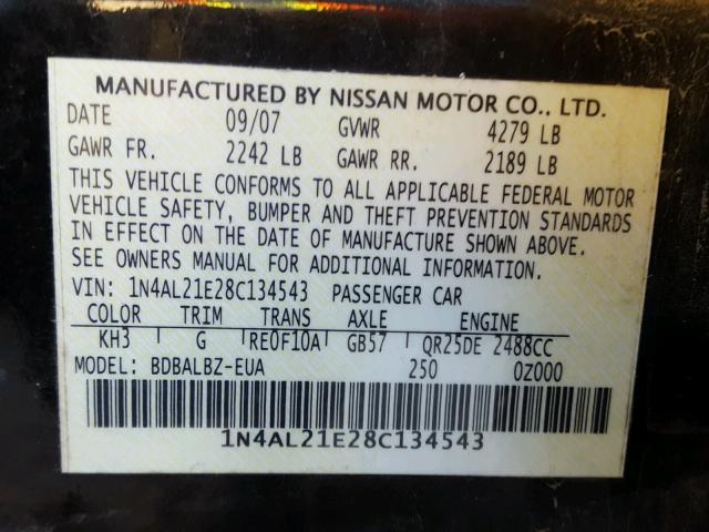 1N4AL21E28C134543 - 2008 NISSAN ALTIMA 2.5 BLACK photo 10