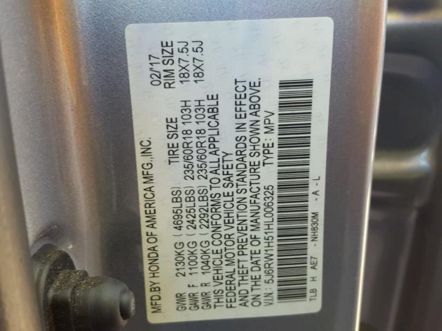 5J6RW1H51HL006325 - 2017 HONDA CR-V EX SILVER photo 10