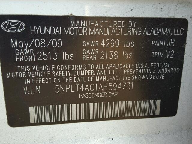 5NPET4AC1AH594731 - 2010 HYUNDAI SONATA GLS WHITE photo 10