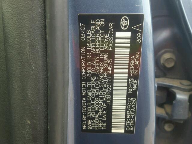 JTDBT923171144575 - 2007 TOYOTA YARIS BLUE photo 10