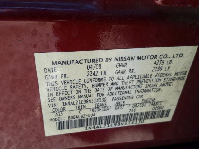 1N4AL21E98N514130 - 2008 NISSAN ALTIMA 2.5 RED photo 10