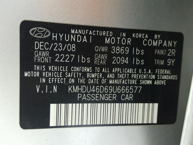 KMHDU46D69U666577 - 2009 HYUNDAI ELANTRA GL SILVER photo 10