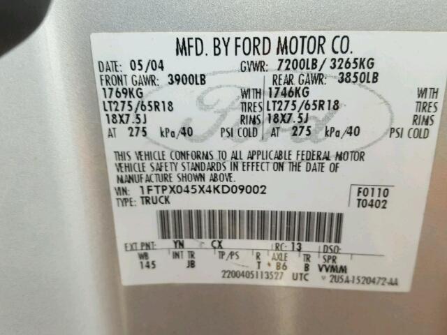 1FTPX045X4KD09002 - 2004 FORD F150 SILVER photo 10