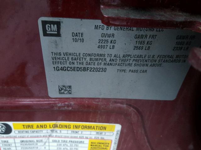 1G4GC5ED5BF220230 - 2011 BUICK LACROSSE C MAROON photo 10