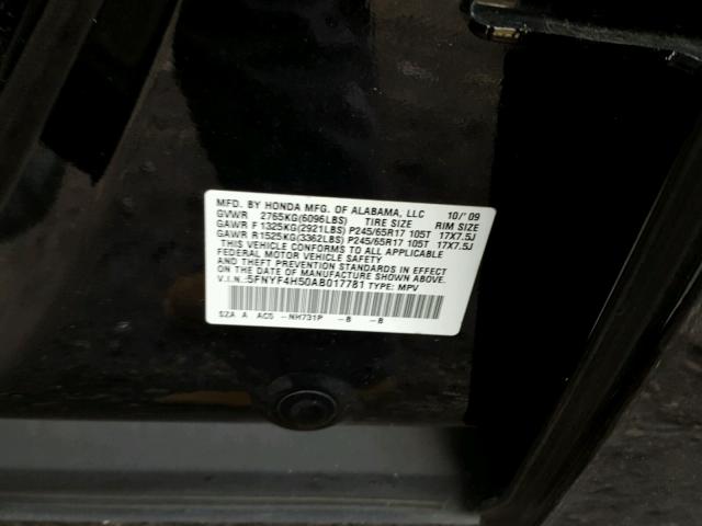 5FNYF4H50AB017781 - 2010 HONDA PILOT EXL BLACK photo 10