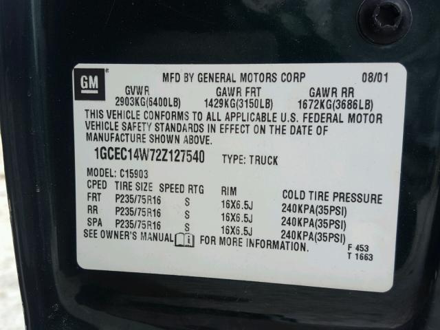 1GCEC14W72Z127540 - 2002 CHEVROLET SILVERADO GREEN photo 10