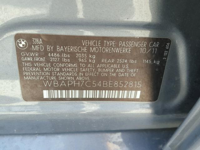 WBAPH7C54BE852815 - 2011 BMW 328 I GRAY photo 10