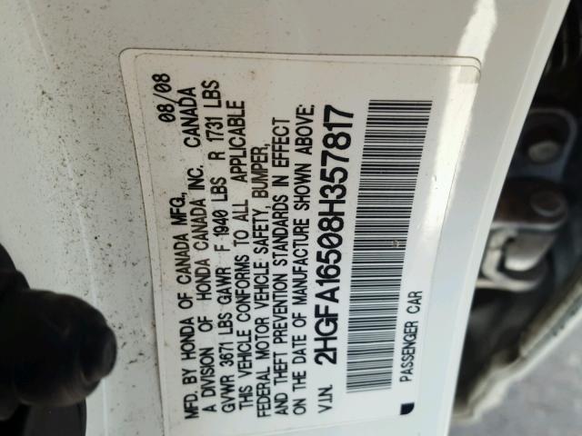 2HGFA16508H357817 - 2008 HONDA CIVIC LX WHITE photo 10