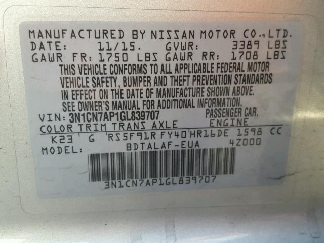 3N1CN7AP1GL839707 - 2016 NISSAN VERSA S GRAY photo 10