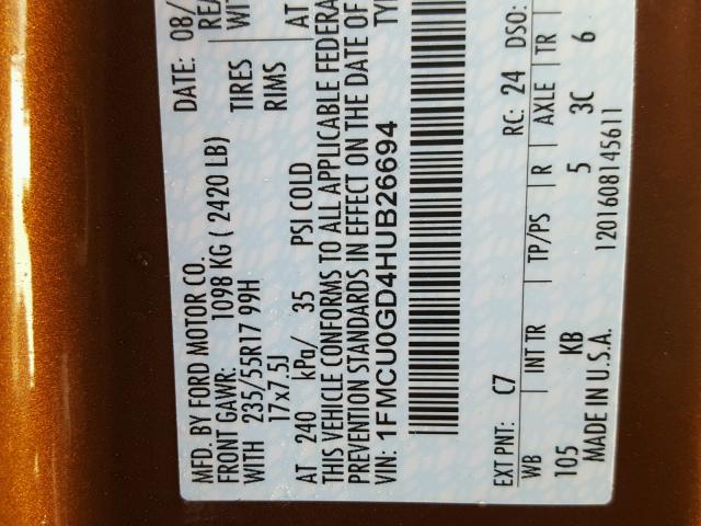 1FMCU0GD4HUB26694 - 2017 FORD ESCAPE SE 棕色 照片 10