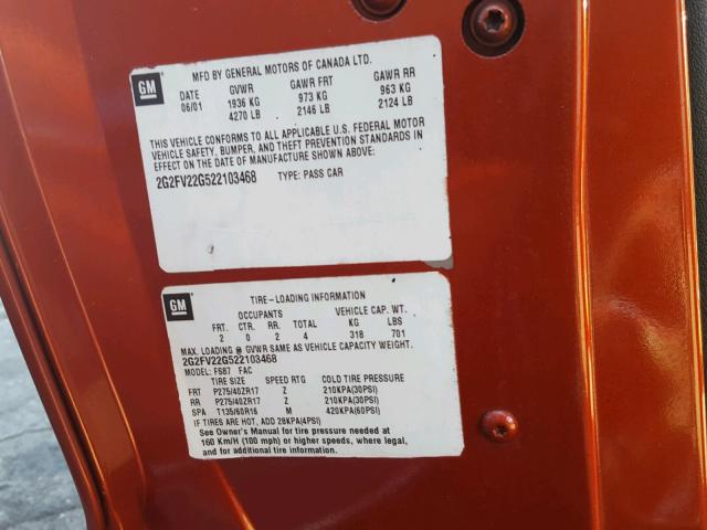 2G2FV22G522103468 - 2002 PONTIAC FIREBIRD F ORANGE photo 10