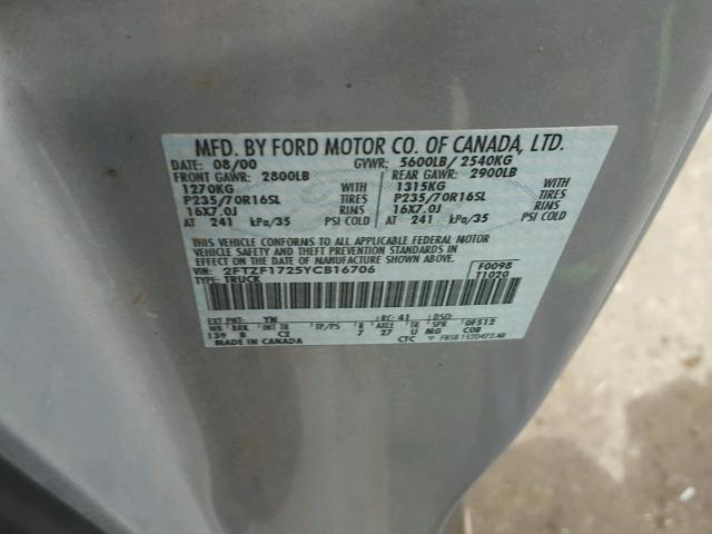 2FTZF1725YCB16706 - 2000 FORD F150 SILVER photo 10