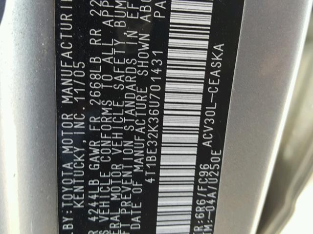 4T1BE32K36U701431 - 2006 TOYOTA CAMRY LE ვერცხლისფერი ფოტო 10