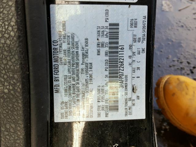 3FAFP07Z26R211161 - 2006 FORD FUSION SE BLACK photo 10