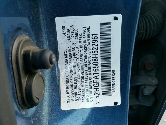 2HGFA16508H522961 - 2008 HONDA CIVIC LX BLUE photo 10