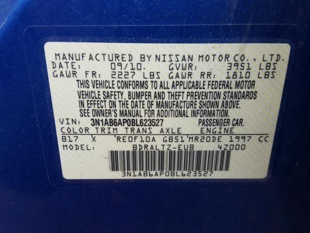 3N1AB6AP0BL623527 - 2011 NISSAN SENTRA 2.0 BLUE photo 10